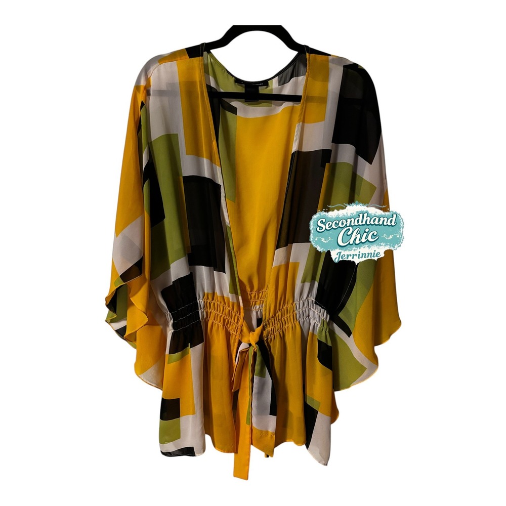 Ashley Stewart Womens Geometric Block Print Cinched Waist Kimono Blouse Yellow